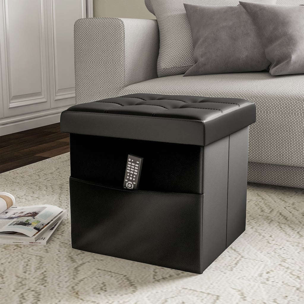 Foldable Storage Cube Ottoman with Pocket- Tufted Faux Leather Footrest Organizer by Lavish Home