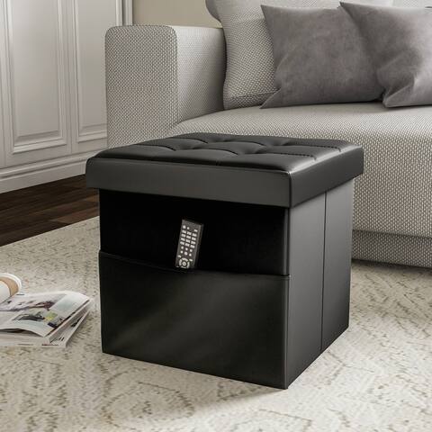 Foldable Storage Cube Ottoman with Pocket- Tufted Faux Leather Footrest Organizer by Lavish Home