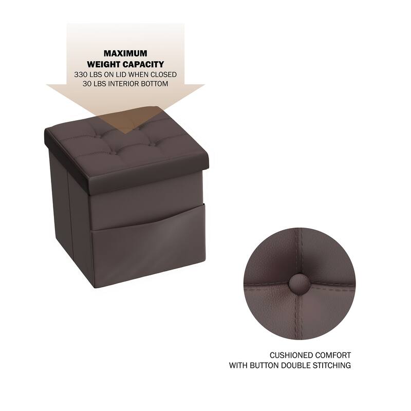 Foldable Storage Cube Ottoman with Pocket- Tufted Faux Leather Footrest Organizer by Lavish Home