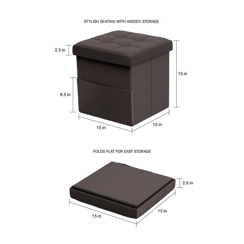 Foldable Storage Cube Ottoman with Pocket- Tufted Faux Leather Footrest Organizer by Lavish Home