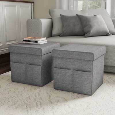 Foldable Storage Cube Ottoman with Pockets- Multipurpose Footrest Organizer by Lavish Home
