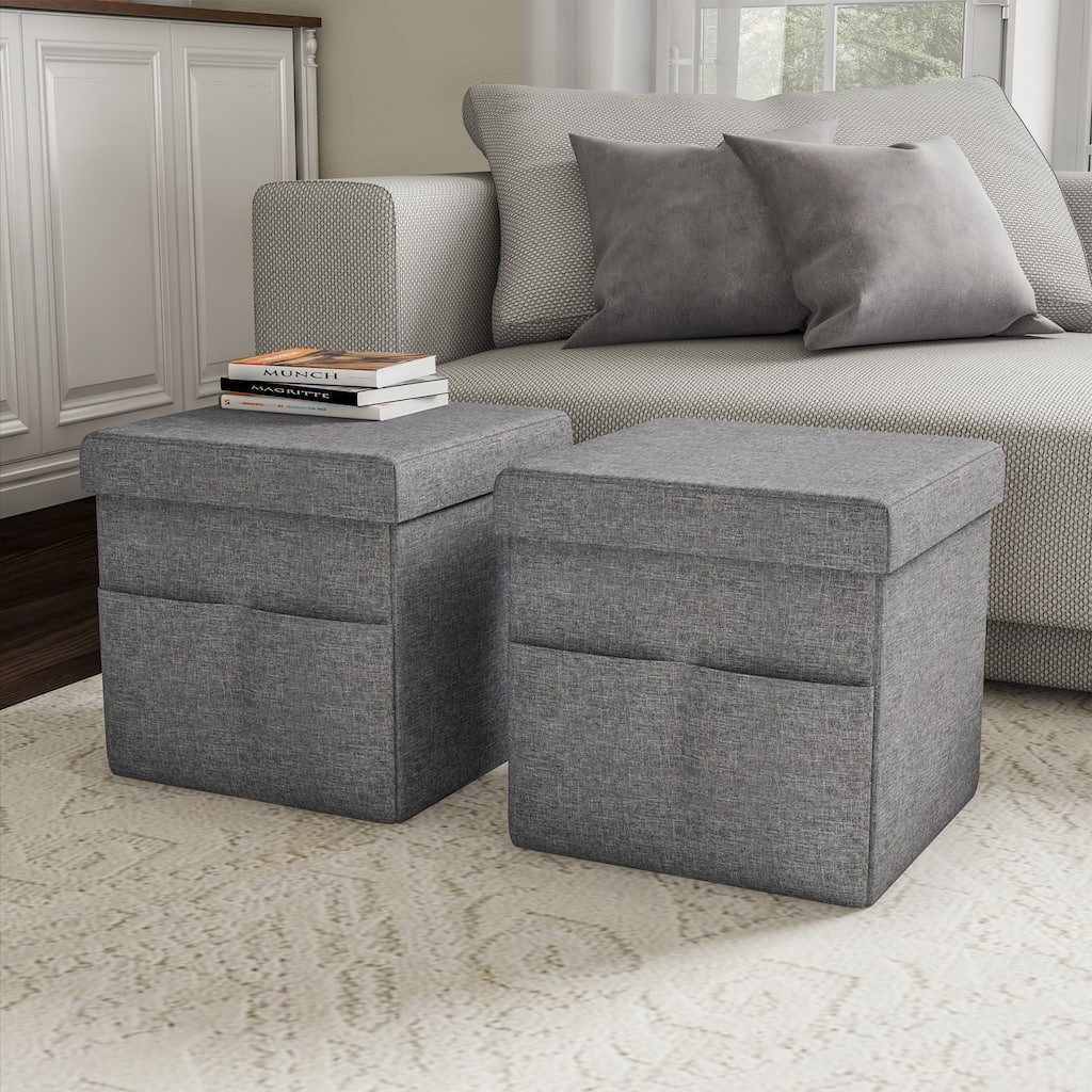 Foldable Storage Cube Ottoman with Pockets- Multipurpose Footrest Organizer by Lavish Home