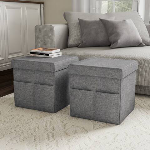 Foldable Storage Cube Ottoman with Pockets- Multipurpose Footrest Organizer by Lavish Home
