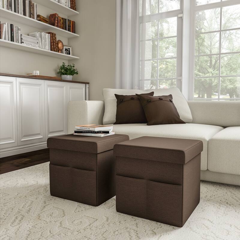 Foldable Storage Cube Ottoman with Pockets- Multipurpose Footrest Organizer by Lavish Home