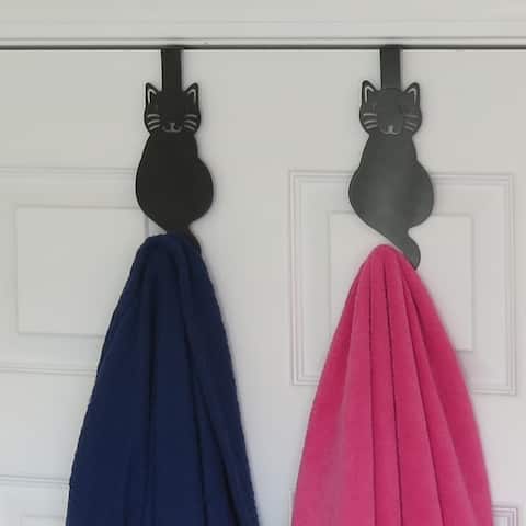 Evelots Over The Door Hook Hangers-Black Cat-Towel/Jacket-Hold 20 Lbs-Iron-Set/2