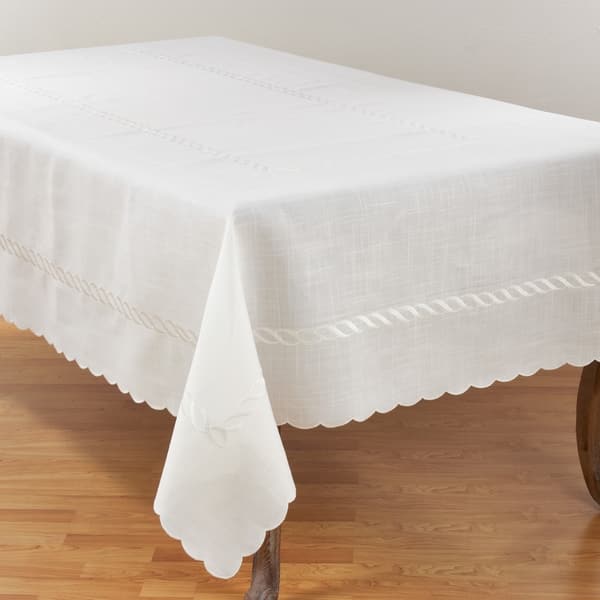 slide 1 of 5, Stylish Tablecloth with Embroidered Braid Design