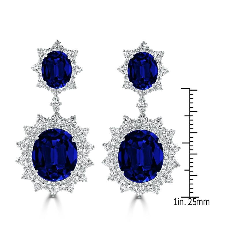 Auriya Vintage 28 1/2ct Royal Blue Sapphire and 3 9/10ctw Halo Diamond Dangle Earrings 18K Gold