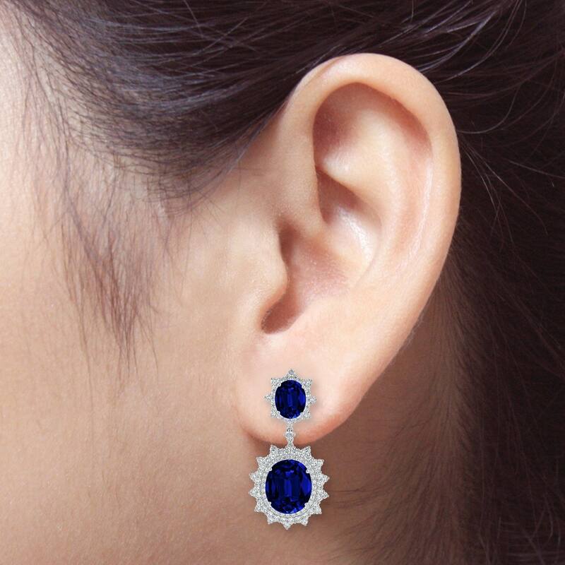 Auriya Vintage 28 1/2ct Royal Blue Sapphire and 3 9/10ctw Halo Diamond Dangle Earrings 18K Gold