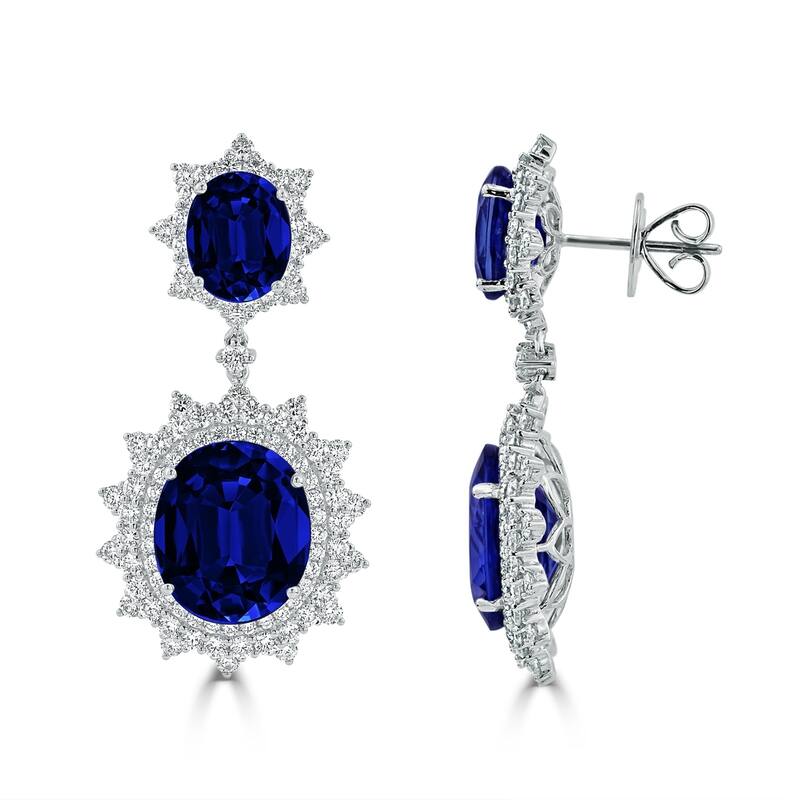 Auriya Vintage 28 1/2ct Royal Blue Sapphire and 3 9/10ctw Halo Diamond Dangle Earrings 18K Gold