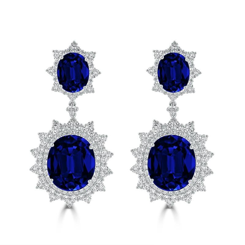 Auriya Vintage 28 1/2ct Royal Blue Sapphire and 3 9/10ctw Halo Diamond Dangle Earrings 18K Gold