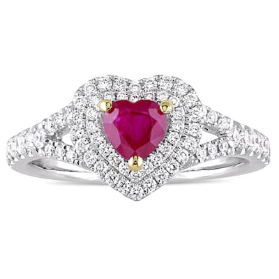 Miadora 14k White Gold with Yellow Prongs Ruby and 2/5ct TDW Diamond Heart Double Halo Ring