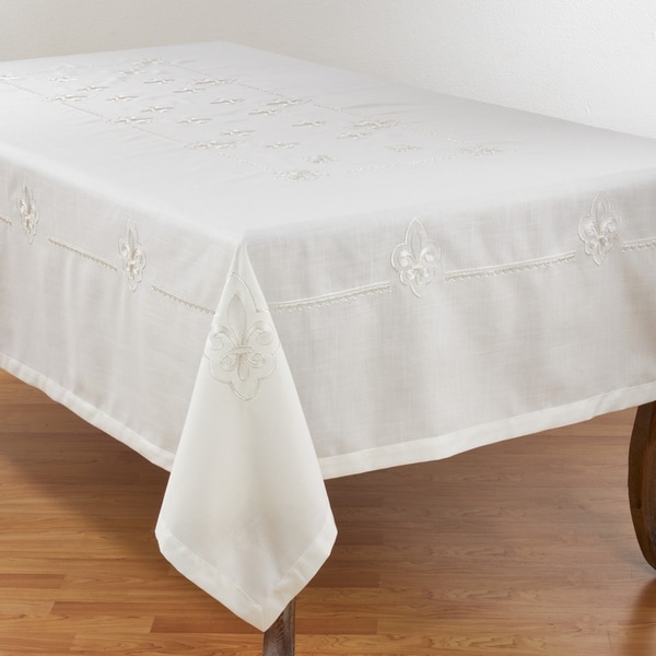 Elegant Tablecloth with Embroidered Fleur-de-Lis Design. Opens flyout.