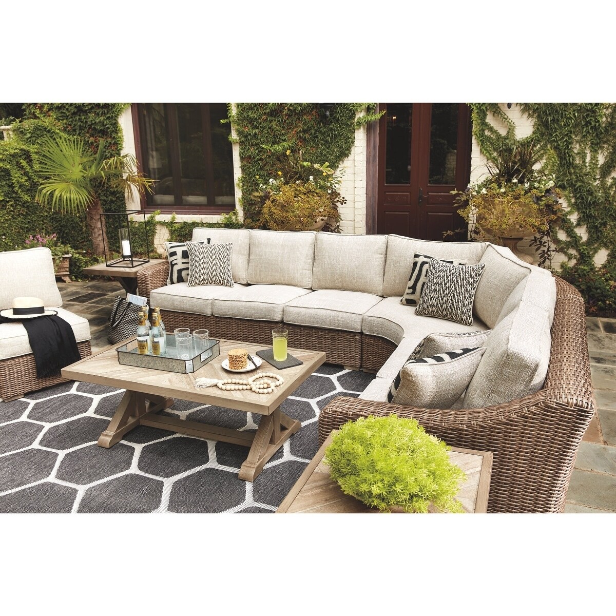 Shop Beachcroft 5 Piece Outdoor Sectional Laf Raf Loveseats Curved Corner Chair 2 Armless Chairs Beige Overstock 27033630