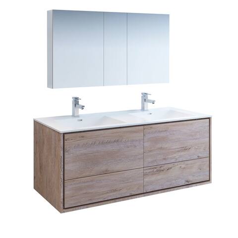 Fresca Catania 60" Rustic Natural Wood Wall Hung Double Sink Modern Bathroom Vanity w/ Medicine Cabinet