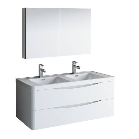 Fresca Tuscany 48" Glossy White Wall Hung Double Sink Modern Bathroom Vanity w/ Medicine Cabinet
