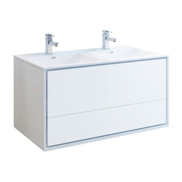 Fresca Catania 48" Glossy White Wall Hung Modern Bathroom Cabinet w/ Integrated Double Sink