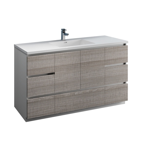 Fresca Lazzaro 60" Glossy Ash Gray Free Standing Modern Bathroom Cabinet w/ Integrated Single Sink
