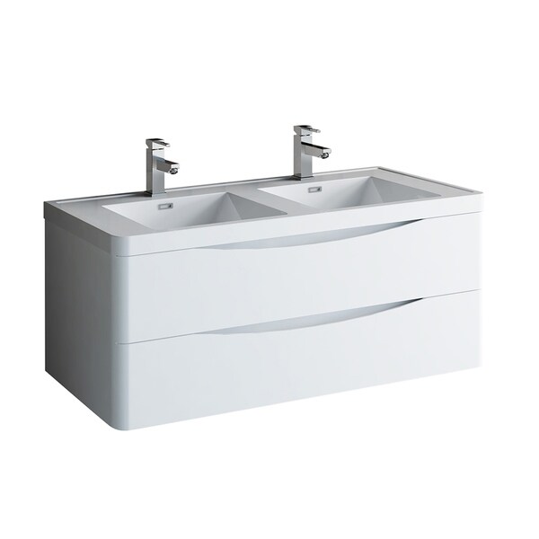 Fresca Tuscany 48" Glossy White Wall Hung Modern Bathroom Cabinet w/ Integrated Double Sink