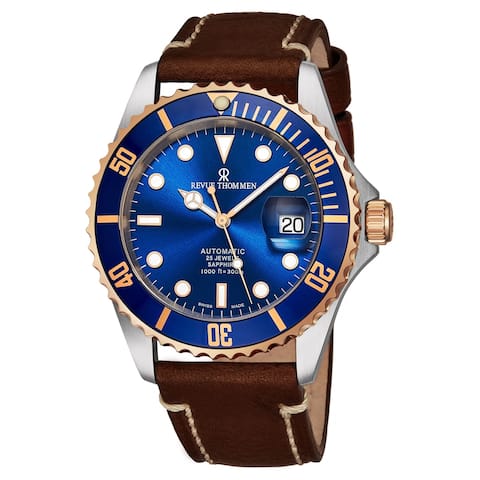 Revue Thommen 'Diver' Blue Dial Brown Leather Strap Date Automatic Watch
