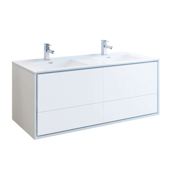 Fresca Catania 60" Glossy White Wall Hung Modern Bathroom Cabinet w/ Integrated Double Sink