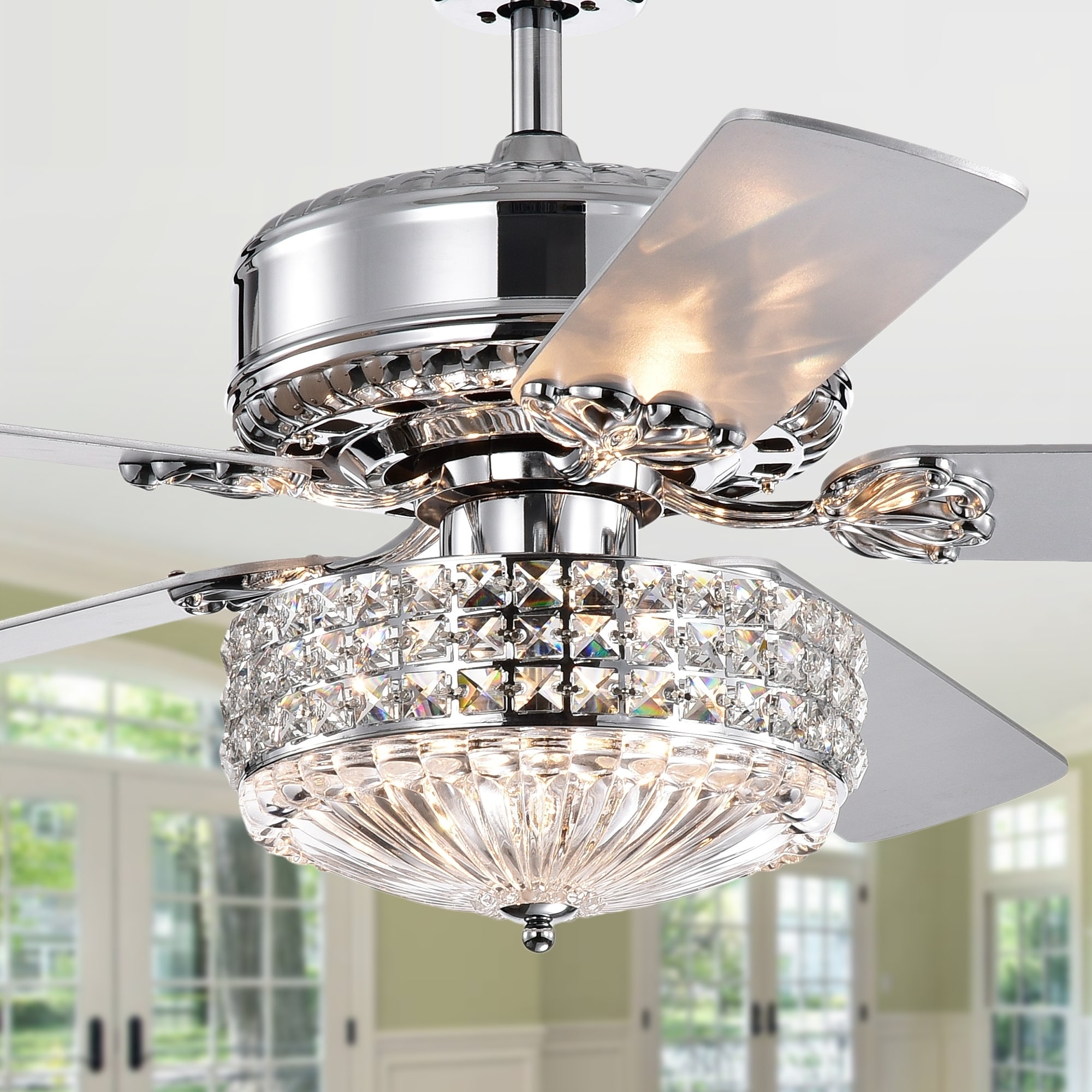 Warehouse of Tiffany Gremane Chrome 52-inch Lighted Ceiling Fan with Crystal Shade (incl. Remote & 2 Color Option Blades)