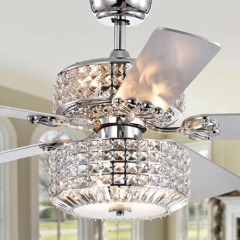 Walter Dual Lamp Chrome 52-inch Lighted Ceiling Fan w Crystal Shades optional Remote (incl 2 Color Blade Options)