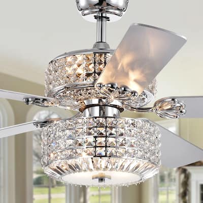Walter Dual Lamp Chrome 52-inch Lighted Ceiling Fan w Crystal Shades optional Remote (incl 2 Color Blade Options)