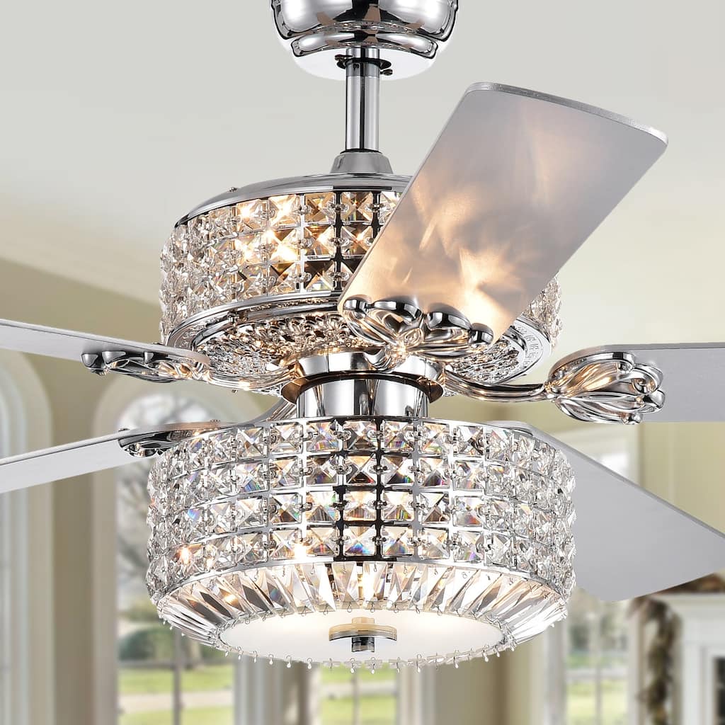 Walter Dual Lamp Chrome 52-inch Lighted Ceiling Fan w Crystal Shades optional Remote (incl 2 Color Blade Options)