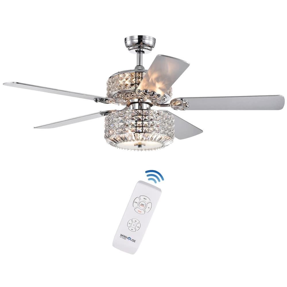 Walter Dual Lamp Chrome 52-inch Lighted Ceiling Fan w Crystal Shades optional Remote (incl 2 Color Blade Options)