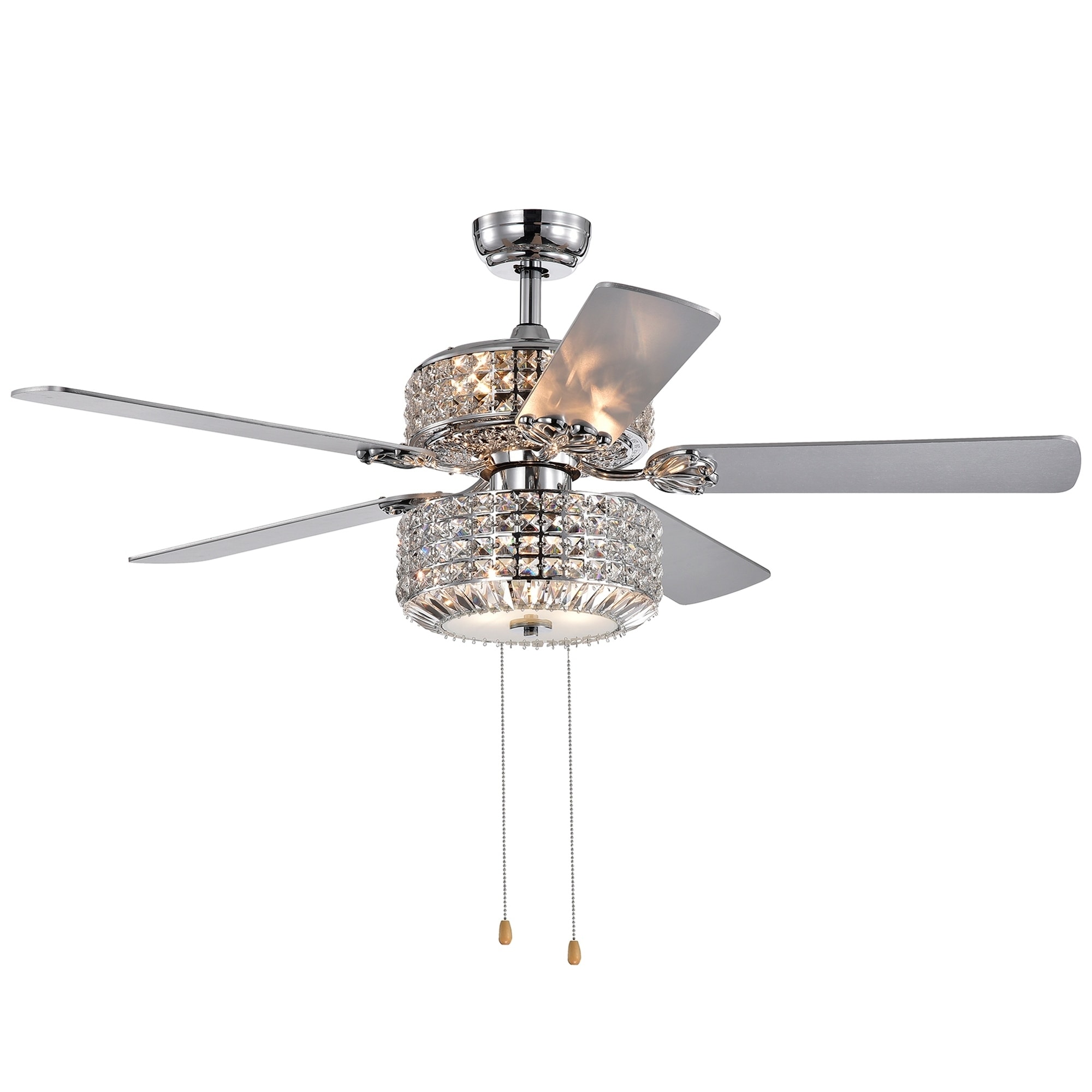 Walter Dual Lamp Chrome 52 Inch Lighted Ceiling Fan W Crystal Shades Optional Remote Incl 2 Color Blade Options