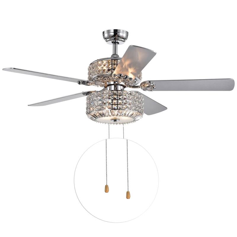 Walter Dual Lamp Chrome 52-inch Lighted Ceiling Fan w Crystal Shades optional Remote (incl 2 Color Blade Options) - Chrome Pull Chain
