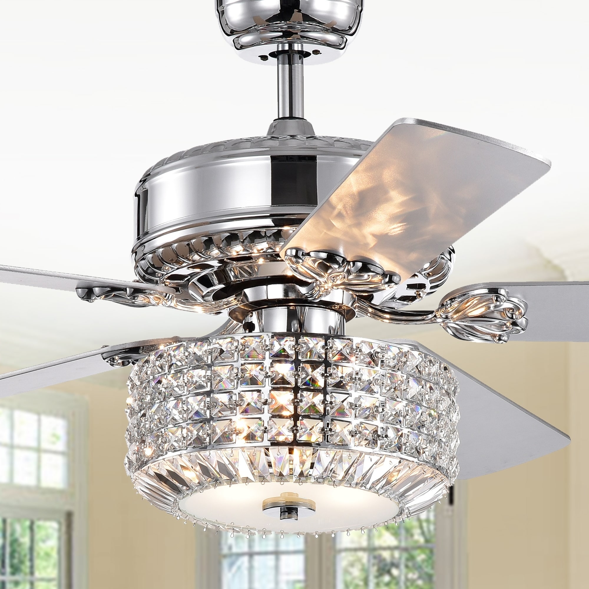Warehouse of Tiffany Simitli Remote Control Reversible Blade Chrome 52-inch Lighted Ceiling Fan with Crystal Shade