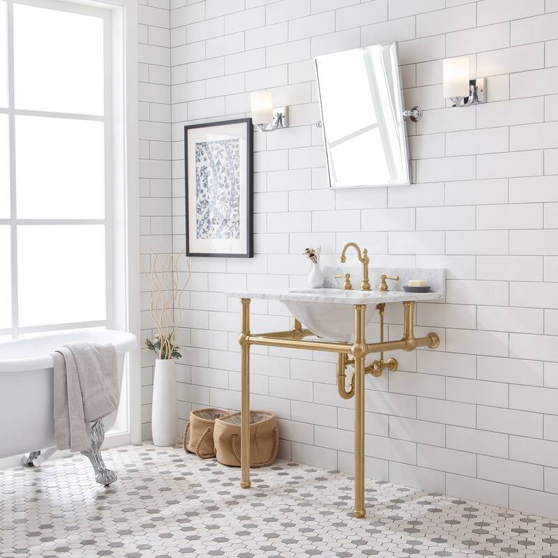 Embassy 30 Inch Wide Single Wash Stand, P-Trap, Counter Top with Basin, and F2-0012 Faucet included - Satin Brass