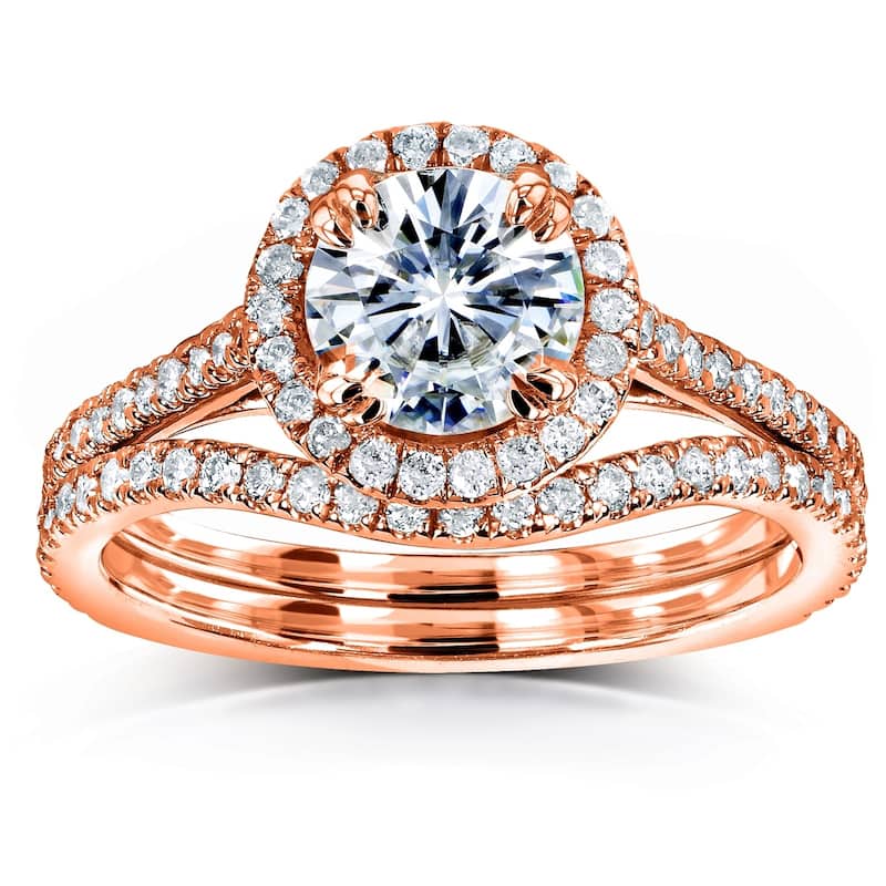 Kobelli 1.5 Carats Moissanite & Natural Diamond Solid 14k Gold Original Round Halo Bridal Set
