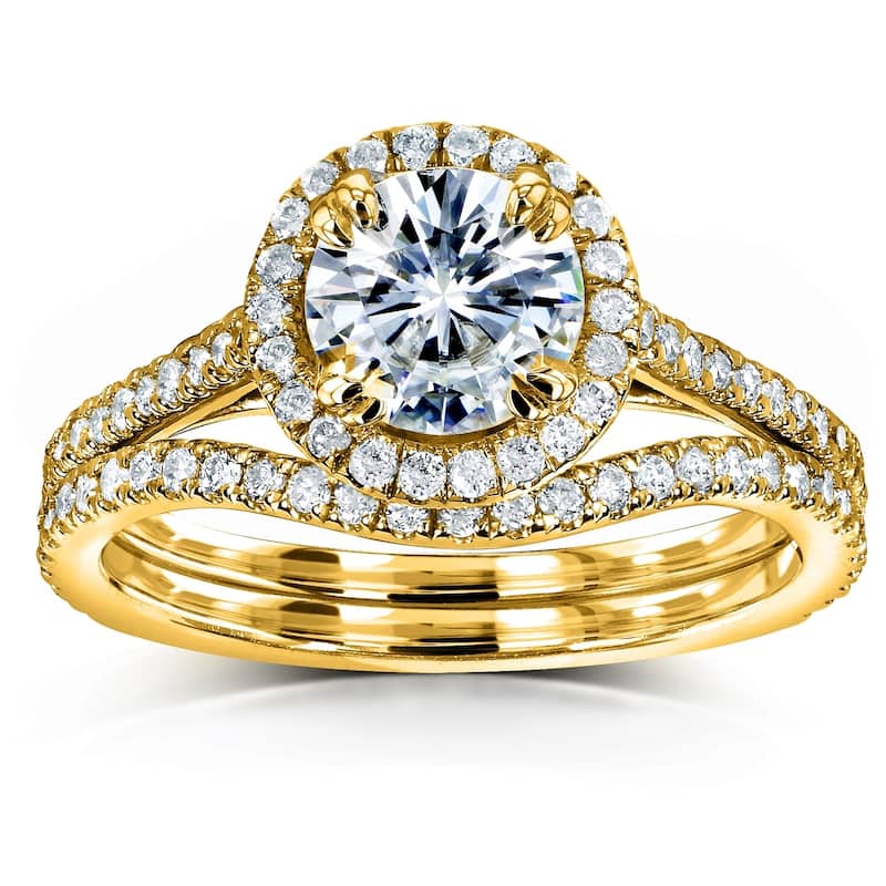 Kobelli 1.5 Carats Moissanite & Natural Diamond Solid 14k Gold Original Round Halo Bridal Set