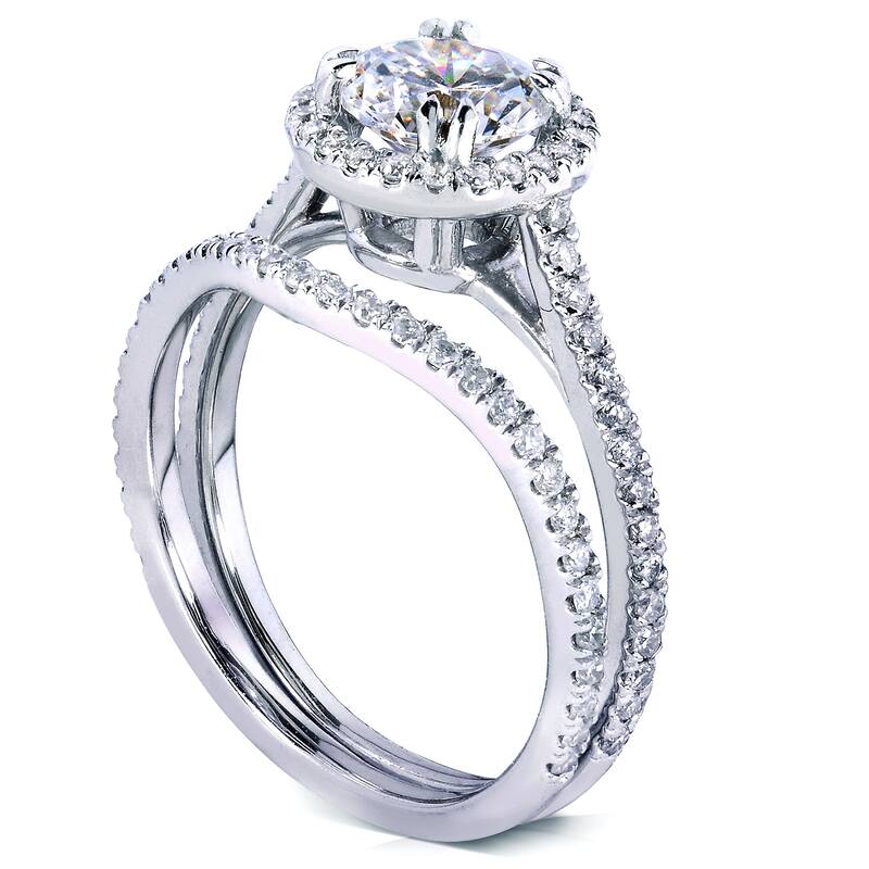 Annello by Kobelli 14k Gold 1ct Moissanite and 1/2ct TDW Diamond Halo Cathedral Bridal Set