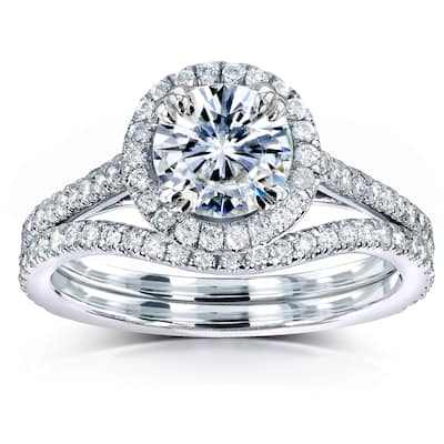 Annello by Kobelli 14k Gold 1ct Moissanite and 1/2ct TDW Diamond Halo Cathedral Bridal Set