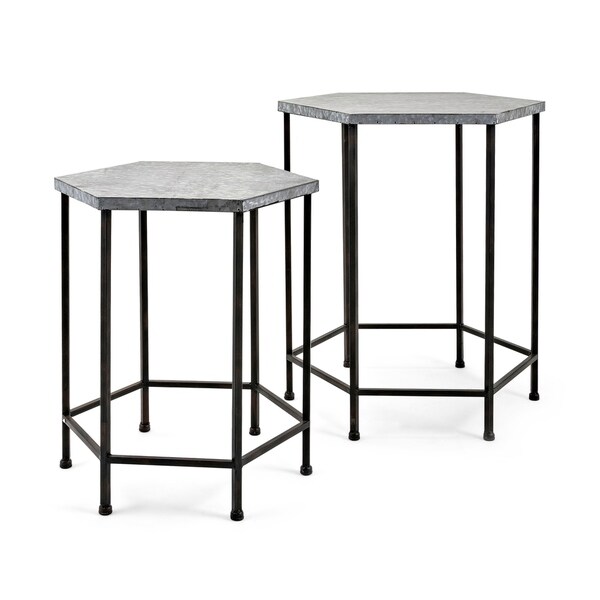 Octagon Shaped Iron Accent Table, Set Of Two, Gray and Black