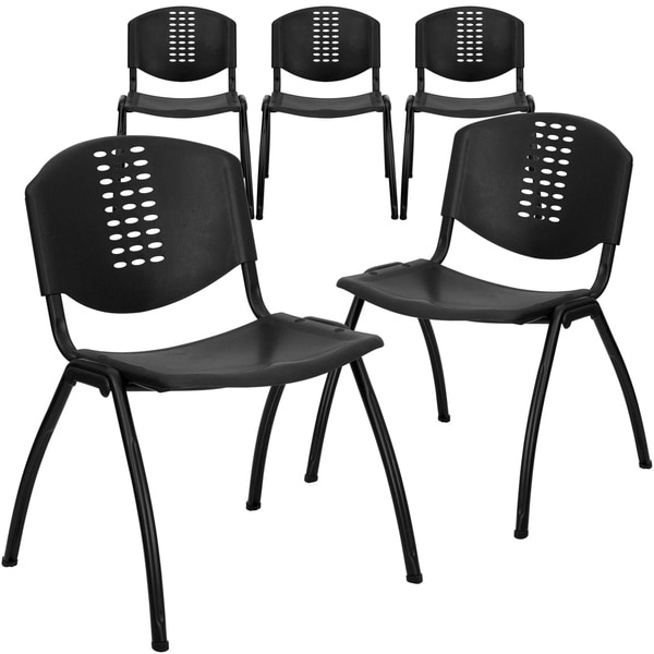 5PK 880 lb. Rated Black Plastic Stack Chair - Oval Cutout Back and Black Frame