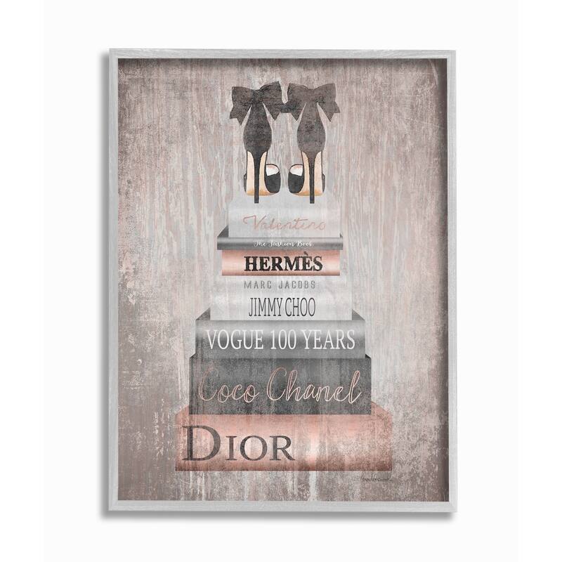 The Stupell Home Decor Book Stack Heels Metallic Pink Gray Framed Art, 11 x 14, Proudly Made in USA