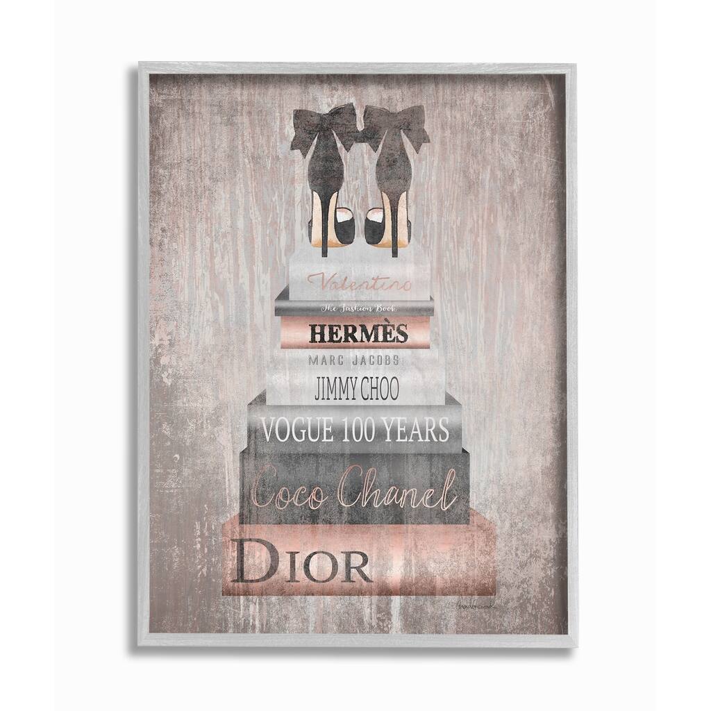 The Stupell Home Decor Book Stack Heels Metallic Pink Gray Framed Art, 11 x 14, Proudly Made in USA