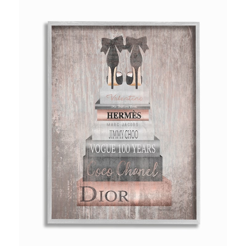 The Stupell Home Decor Book Stack Heels Metallic Pink Gray Framed Art, 11 x 14, Proudly Made in USA - 16 x 20