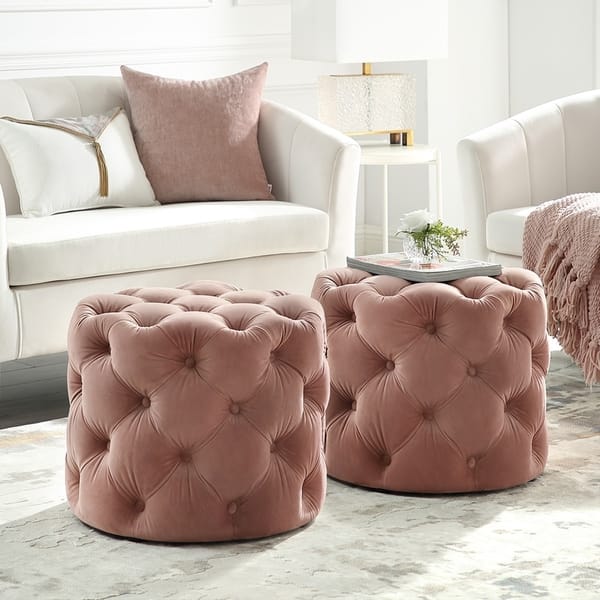 1-Shelf Pink Pantry Organizer with Pink Velvet Upholstered Ottoman, Foot Stool for Bedroom