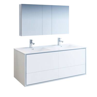 Fresca Catania 60" Glossy White Wall Hung Double Sink Modern Bathroom Vanity w/ Medicine Cabinet