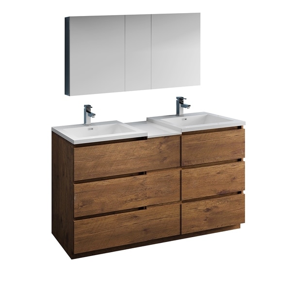 Fresca Lazzaro 60" Rosewood Free Standing Double Sink Modern Bathroom Vanity w/ Medicine Cabinet
