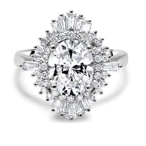 14k White Gold 2ct Oval Cut Moissanite and 3/5ct Tapered Baguette Diamond Engagement Ring Ballerina