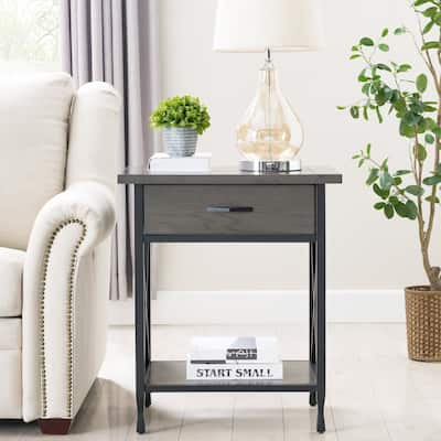 Grey Wood/ Metal Night Stand w/Drawer