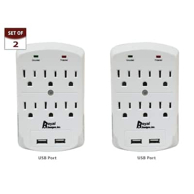 Royal Designs Black USB Wall Mount and Surge Protector with 6 Outlets and Two USB Ports, Set of 2