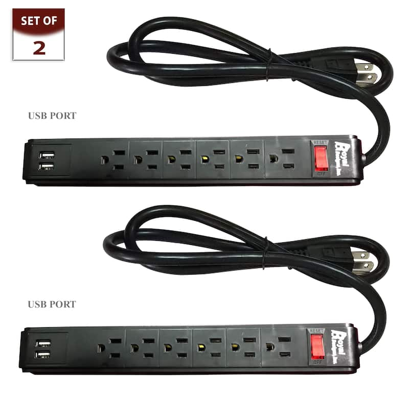 Royal Designs Black USB Power Strip and Surge Protector with 6 Outlets and Two USB Ports, Set of 2