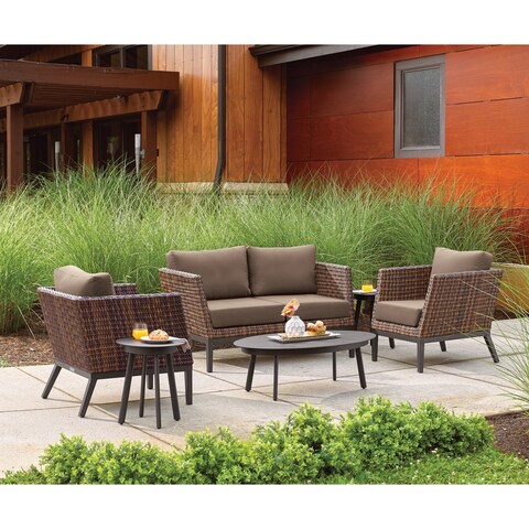 Oxford Garden Salino 6-piece Sable Resin Wicker Woven Loveseat, Club Chairs, and Eiland Tables Chat Set - Toast Cushions